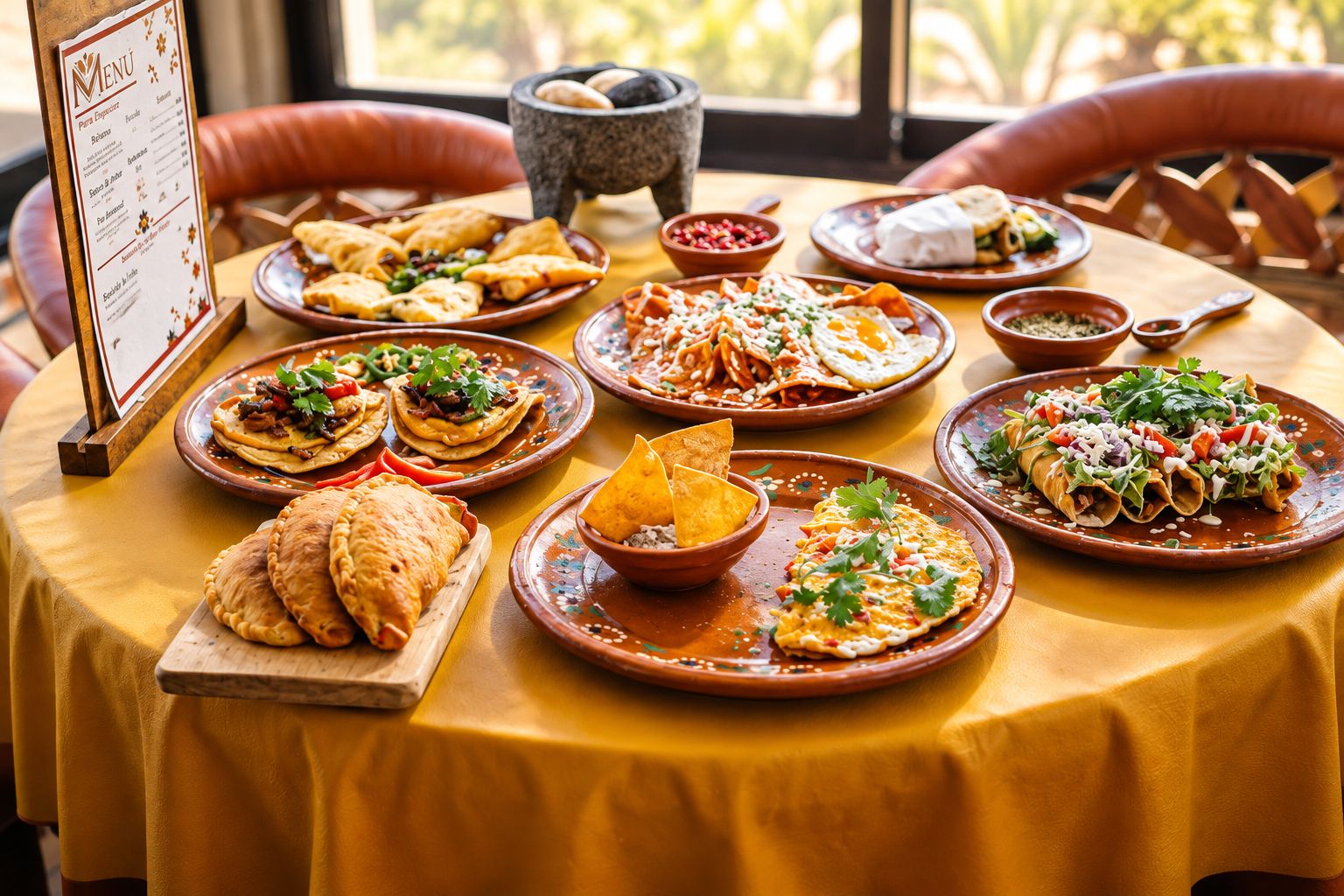 Mesa completa con flautas, sopes, chilaquiles, empanadas y el menú de madera