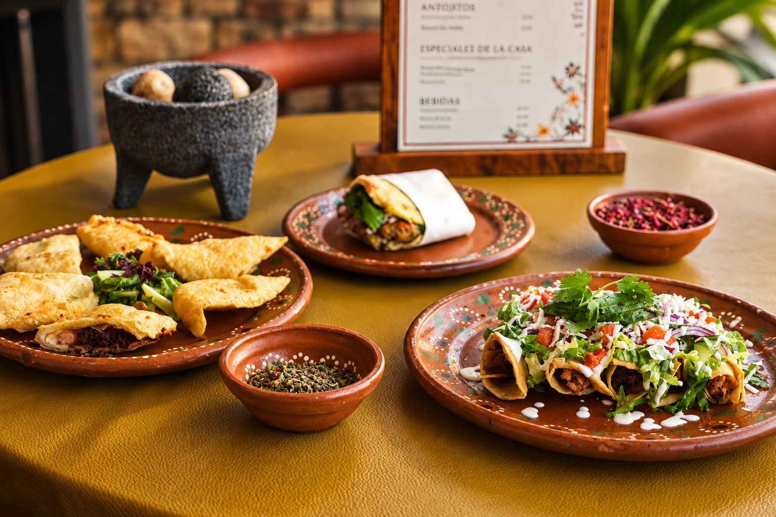Banquete campirano con empanadas, flautas y gorditas sobre la mesa