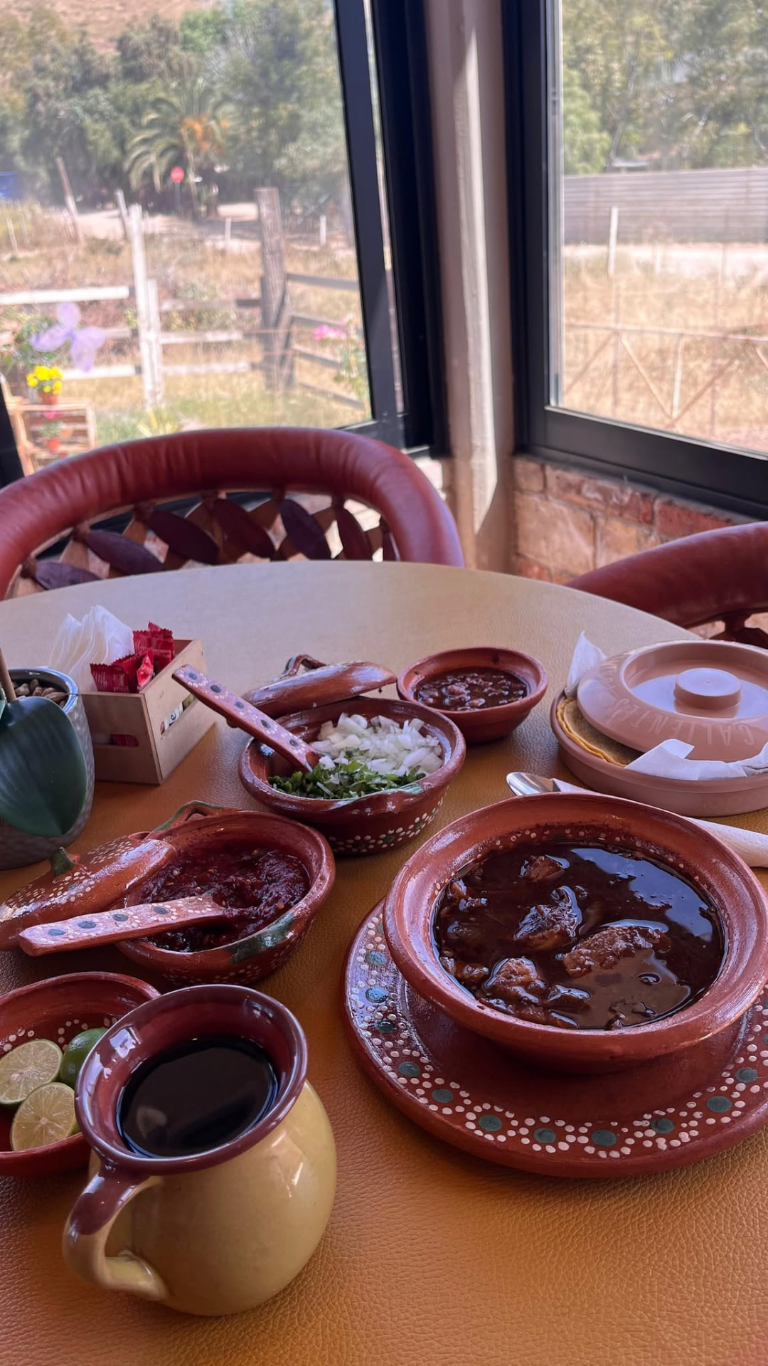 Birria servida en cazuela de barro con salsas y guarniciones